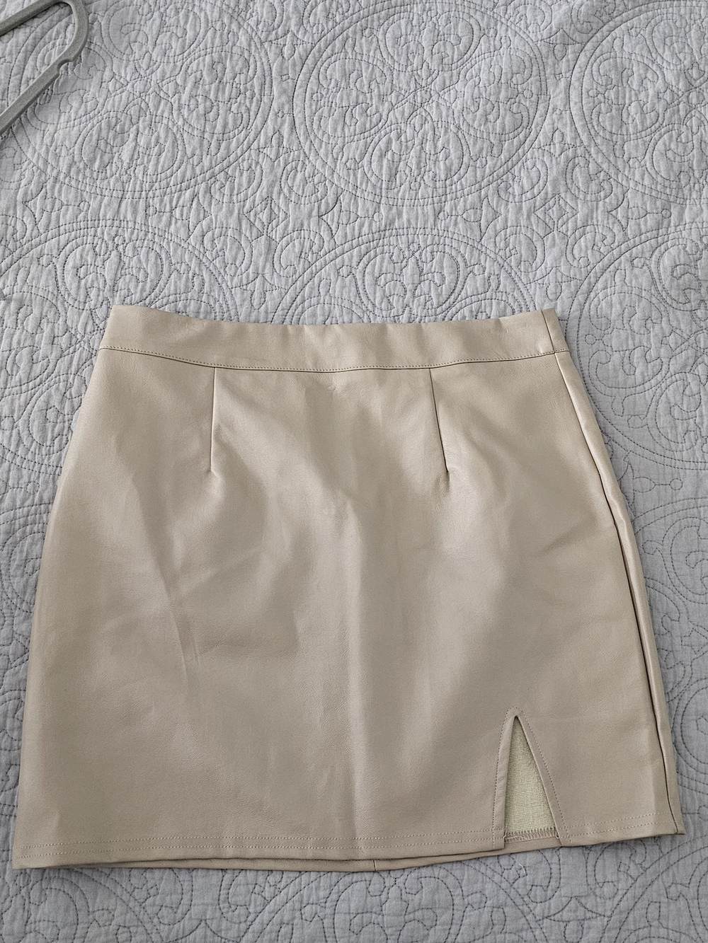 Lulu's Light Beige Faux-Leather Mini Skirt with Small Front Slit